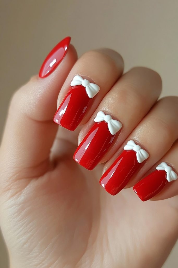 8 Red Nails with White Bow with White bow tips