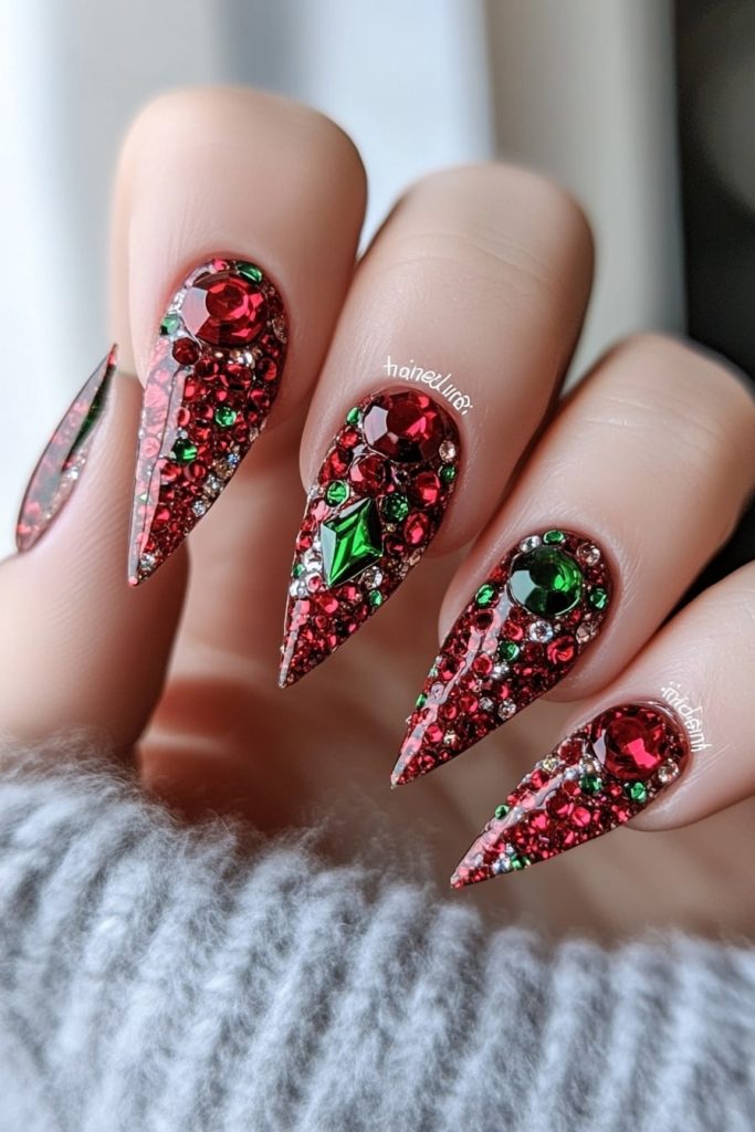 8 Red and green rhinestone nails