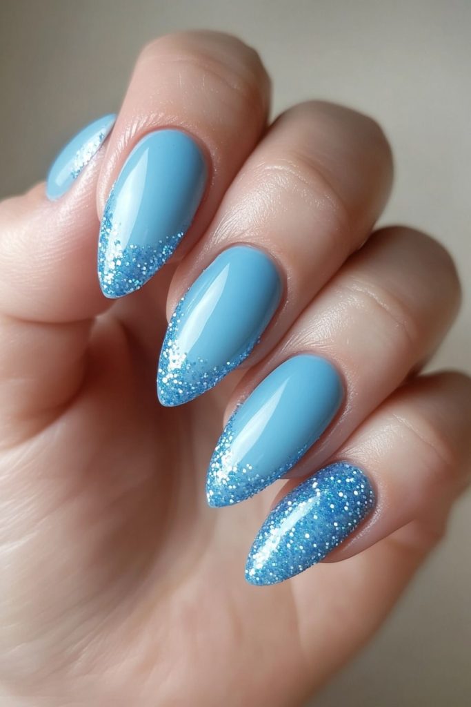 9 Baby Blue with Soft glitter tips