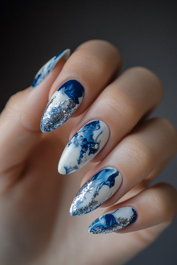 9 Blue & White Marble with Silver Glitter Accents