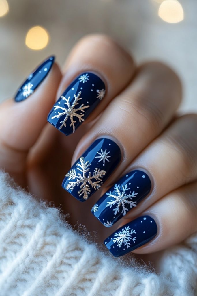 9 Navy Blue Snowflake Nails