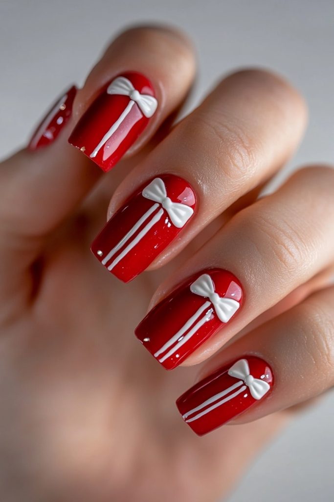 9 Red Nails with White Bow with Thin white bow stripes