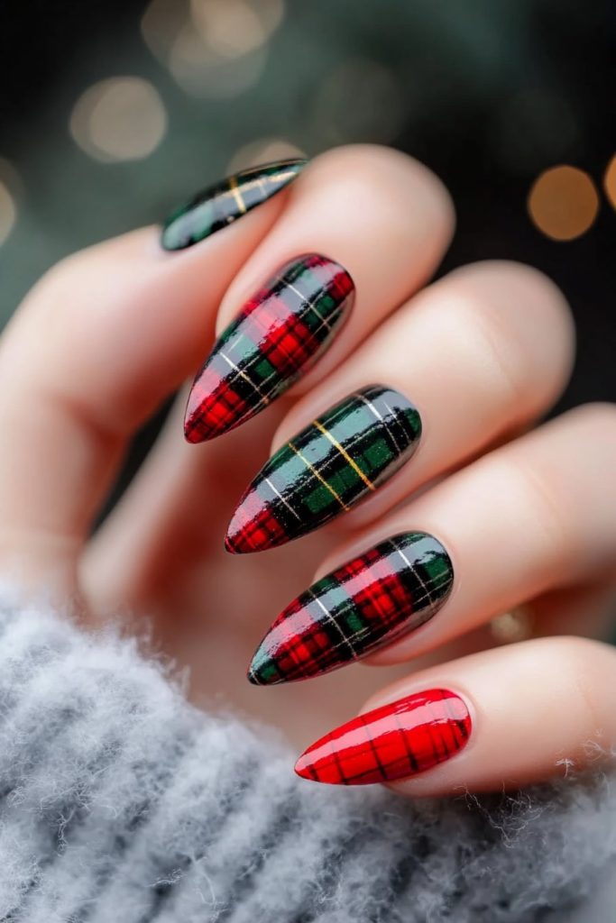 9 Red and green plaid nails